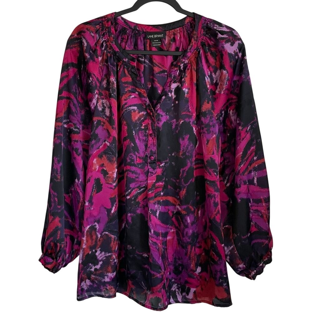 Lane Bryant Blouse Top Sz 14/16 Satin Popover Dark Floral Pink Purple Black